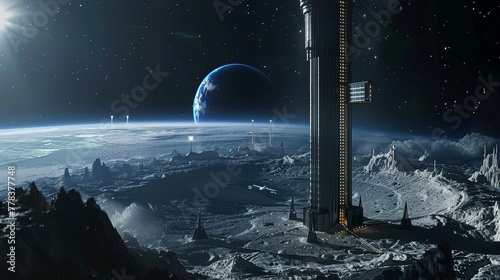 Space elevator to a lunar resort, vacation above the Earth photo