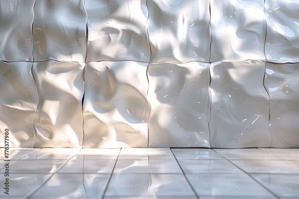 Fototapeta premium Reflective white tiles with wavy distortion, close-up view.