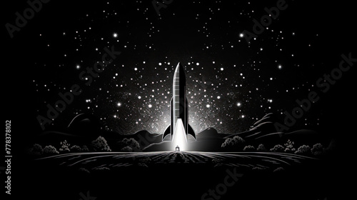 Rocket launch scene in retro black and white style. Rocket take off illustration. photo