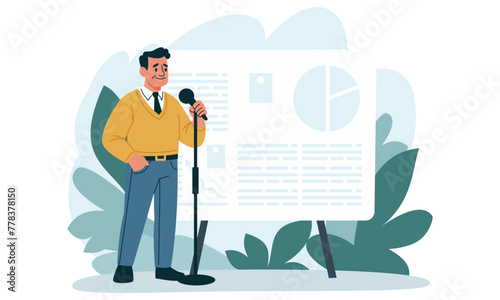Flat vector illustration. Elderly man is giving presentation, speaking into microphone, presentation banner in the background. Vector illustration © Alena