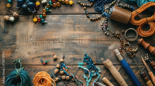 Assorted beads and jewelry-making tools laid out on a wooden surface photo