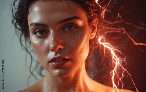 a close up of a woman s face with lightning bolts coming out of her hair photo