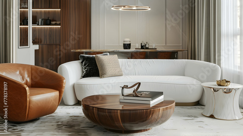 Beside the white sofa and brown leather armchair is a rounded wooden coffee table. Modern living room interior design in the style of Hollywood glam