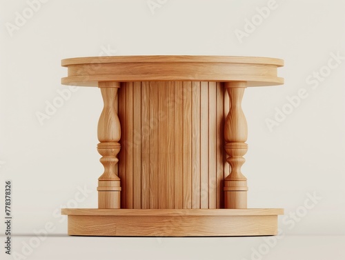 One brown wooden round cylinder product stage podium on orange background. Minimal fashion theme. Geometry exhibition stage mockup concept. 3D illustration rendering graphic design