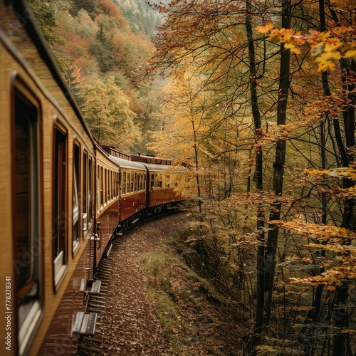 Vintage train journey through autumn forests, time travel vibes