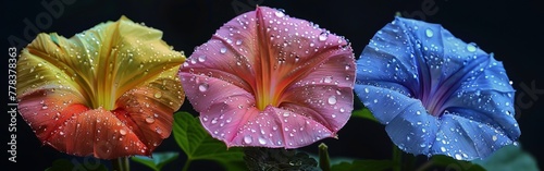 Three Colorful Flowers With Water Droplets