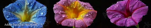 Three Different Colored Flowers With Water Droplets