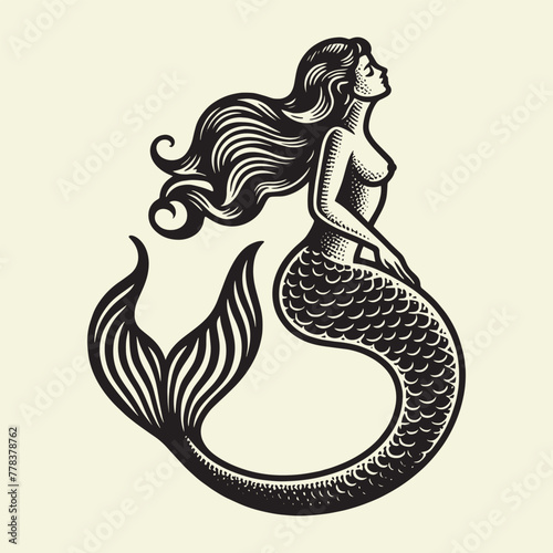 Beautiful mermaid . Engraving vintage vector illustration, monochrome black color. Woodcut