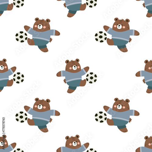 Seamless vector pattern. Cute bear cub in uniform playing soccer. Flat vector illustration in children's style on white background . Vector illustration
