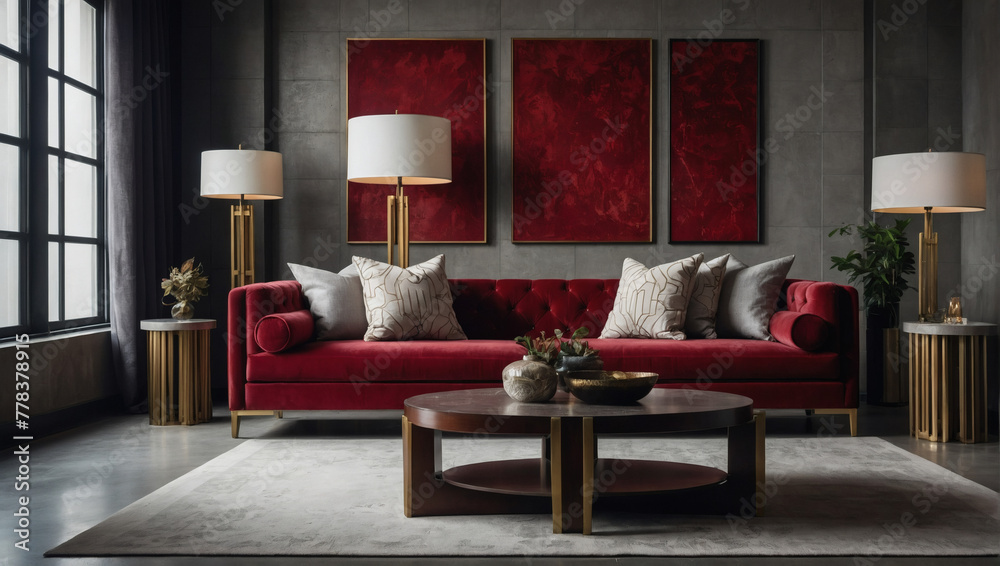 Red velvet sofa adorned with crimson and white pillows against a concrete wall with copy space, showcasing Art Deco flair in this modern living room.
