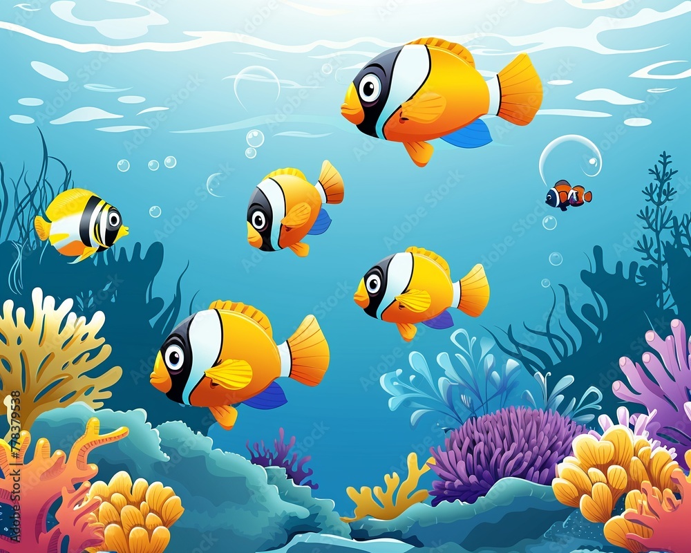 Fototapeta premium Fish clipart swimming in the clear blue water.
