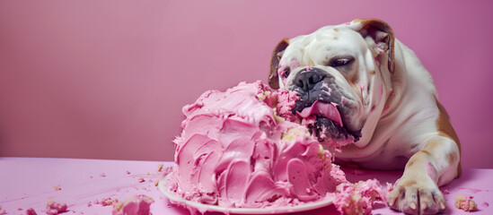 Creative food animal template. A greedy bulldog covered in frosting cream eating a messy huge cake in pastel pink background. magazine, banner, advertisement. copy text space