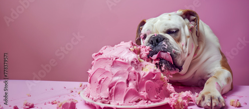 Creative food animal template. A greedy bulldog covered in frosting cream eating a messy huge cake in pastel pink background. magazine, banner, advertisement. copy text space photo