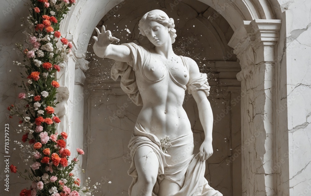 Naklejka premium Classical Beauty - Marble Statue of a Female Figure with Floral Accent