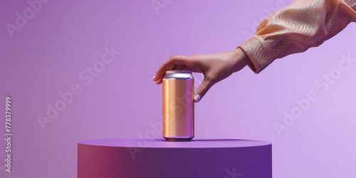 Hand holding aluminum can on purple background