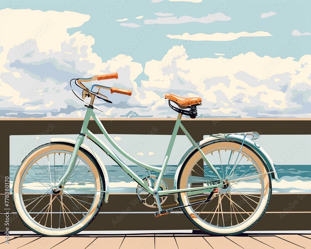 Fototapeta premium Beach bike clipart parked by the boardwalk.