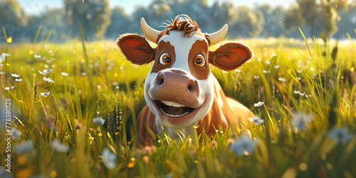 Happy cartoon cow in the meadow with flowers #778380128