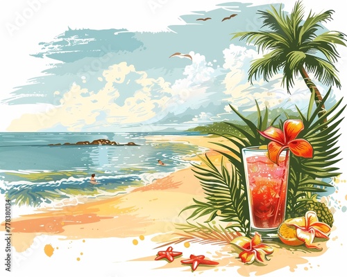 Beach party invitation clipart with tropical motifs.