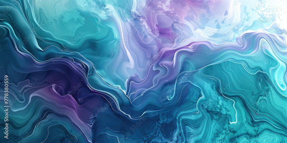 A fluid watercolor background with swirls of teal and violet, 3d comercial shot illustrate