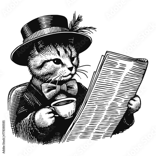 cat with newspaper and cup of tea vintage illustration