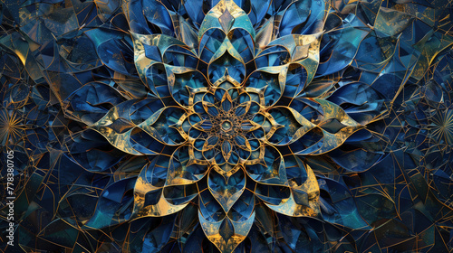 A mesmerizing abstract geometric pattern with intricate shades of blue and gold, 2d illustrate fantasy
