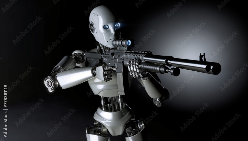 Naklejka premium Autonomous Robot Holding a Rifle Against a Dark Background