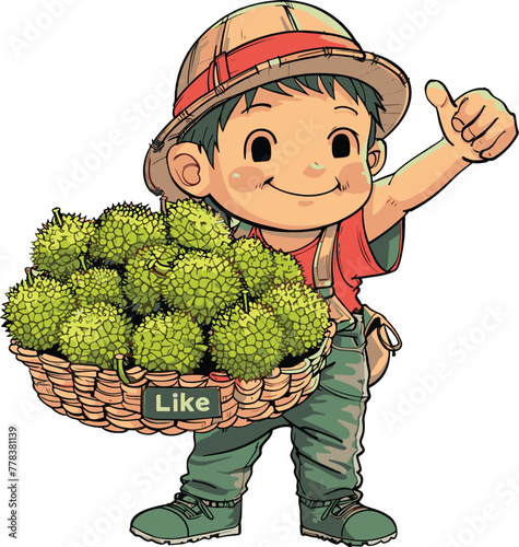 Cartoon farmer boy carrying durian