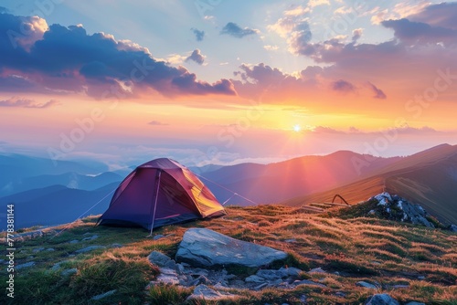 Camping tent at sunrise on mountain top, perfect for adding text or quotes