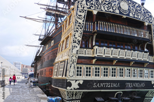 Replica of the square rigged sailing ship Santisima Trinidad alongside the quayside in Malaga, Spain photo