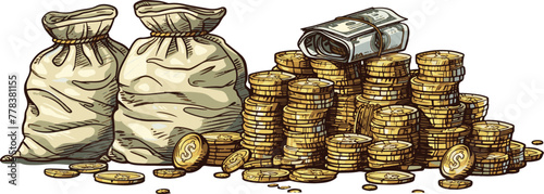 cartoon drawing of stacks and piles of cash golden