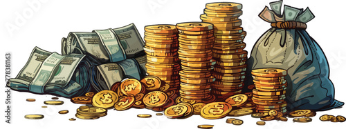 cartoon of stacks and piles of cash golden