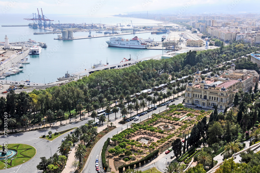 Port, Town Hall and gardens in Malaga, Andalusia, Spain