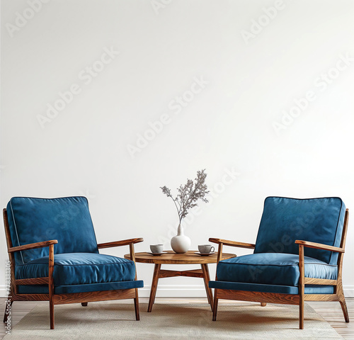 Template of minimalist room with two blue midcentury armchairs closeup and white wall. Interior mockup with clean walls for pictures, posters, paintings, sculptures, and other wall art. 