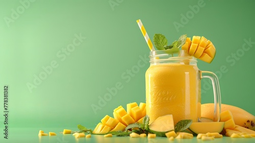 A glass Mason jar filled with mango smoothie, accompanied by a fresh mango on a green background. This image evokes a tropical fruit concept, highlighting the deliciousness of mango shake. photo