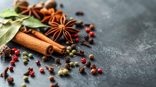 On a gray kitchen table, a close-up display of various spices and herbs, including star anise, fragrant pepper, cinnamon, nutmeg, bay leaves, and paprika. photo