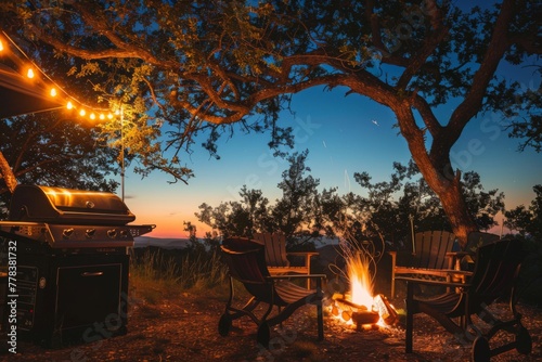 Evening romance: car camping with cozy campfire and comfortable chairs under starry sky