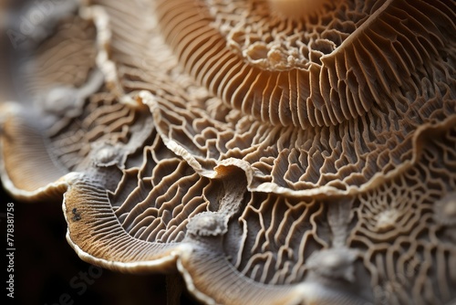 Detailed close-up view of a mushroom-shaped object, highlighting its intricate textures and features. Generative AI