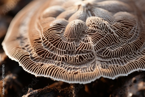 Detailed view of a mushroom growing on the forest floor, showing its texture and color. Generative AI