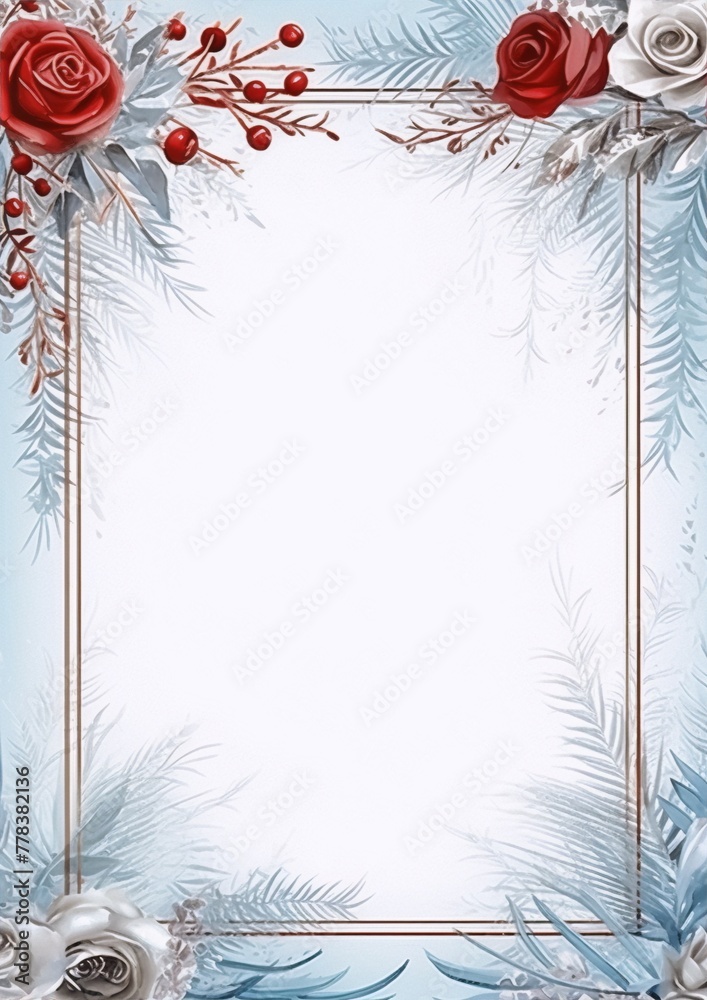Obraz premium Delicate red and white roses frame with blue and green leaves and golden outlines on a pale blue background in watercolor style.