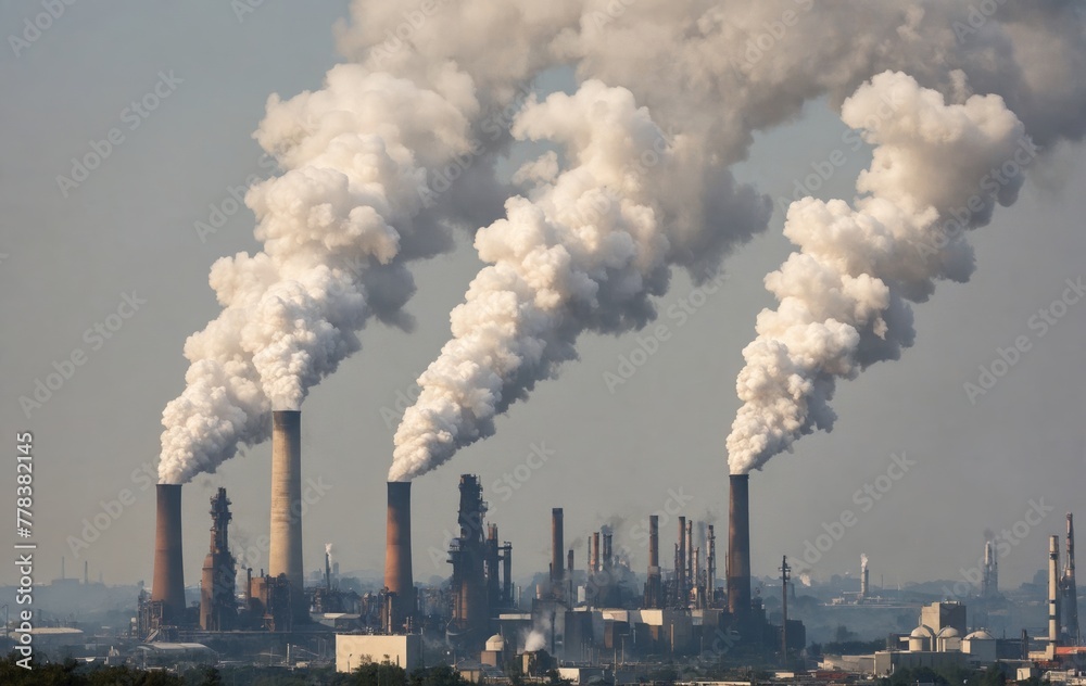 Smoke billows from factory chimneys, polluting the atmosphere in the city