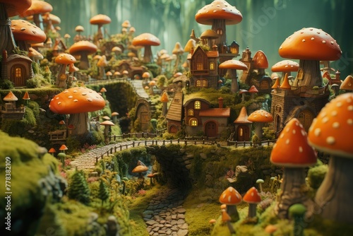 A fairy tale mushroom village with lush green grass in a natural setting. wonderland concept. Generative AI © Jahan Mirovi