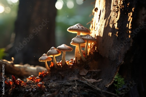 A group of mushrooms can be seen sprouting from the side of a tree trunk in a forest setting. Generative AI