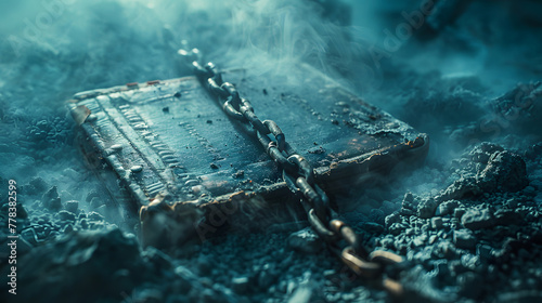 A mysterious ancient book, bound by chains, emerges from a foggy, ethereal blue landscape, evoking intrigue and fantasy