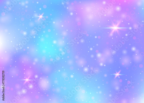 Fairy background with rainbow mesh.  Mystical universe banner in princess colors. Fantasy gradient backdrop with hologram. Holographic fairy background with magic sparkles, stars and blurs.