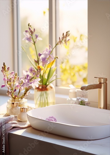 Bathroom interior with flowers in vase and sunlight on white sink and golden faucet