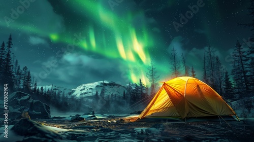 A glowing yellow camping tent under a beautiful green northern lights aurora. Travel adventure landscape background. Photo composite. 
