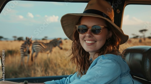 Happy woman traveller on a safari in Africa, travels by car in Kenya and Tanzania, watches life wild tigers, giraffes, zebras and antelopes in the savannah.  photo