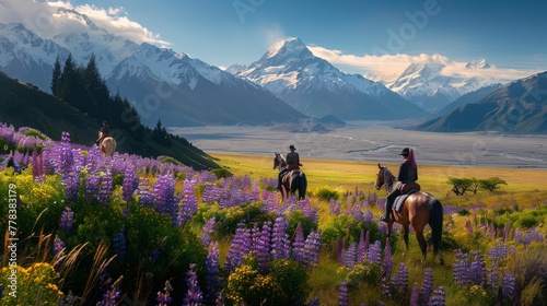 Travelers ride horses in lupine flower field, overlooking the beautiful landscape of Mt Cook National Park in New Zealand. Lupins hit full bloom in December to January which is summer of New Zealand. photo