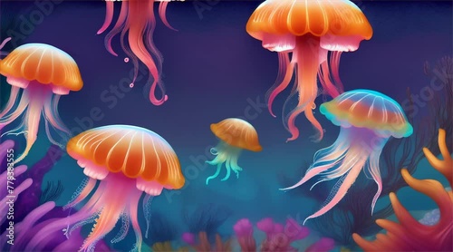 A cartoon jellyfish adventuring in a vibrant underwater world with other whimsical sea creatures