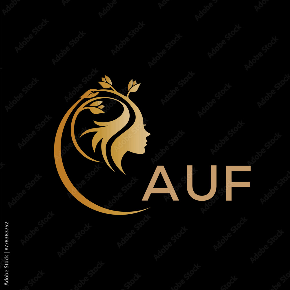 AUF letter logo. best beauty icon for parlor and saloon yellow image on black background. AUF Monogram logo design for entrepreneur and business.	
